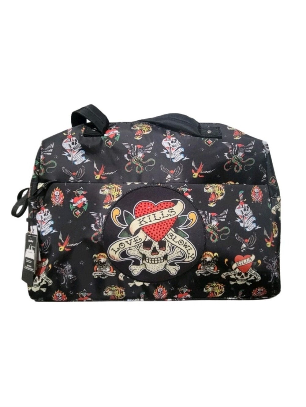 Ed Hardy Black Tattoo Print Weekender Duffle Bag with Heart & Skull Patch